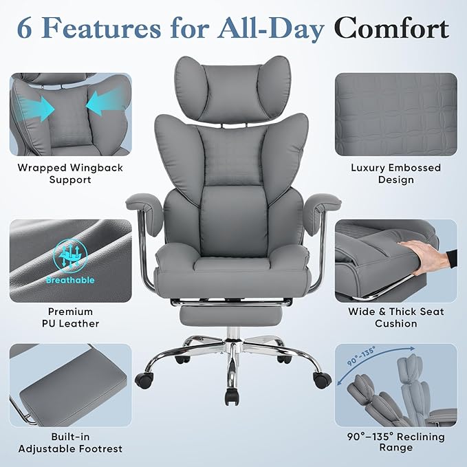 DUMOS Big and Tall Office Chair 350 LBS, Scratch-Resistant PU Leather Executive Office Desk Chair with Footrest, Ergonomic Reclining Computer Chair with Pocket Spring Support for Home Office, Grey