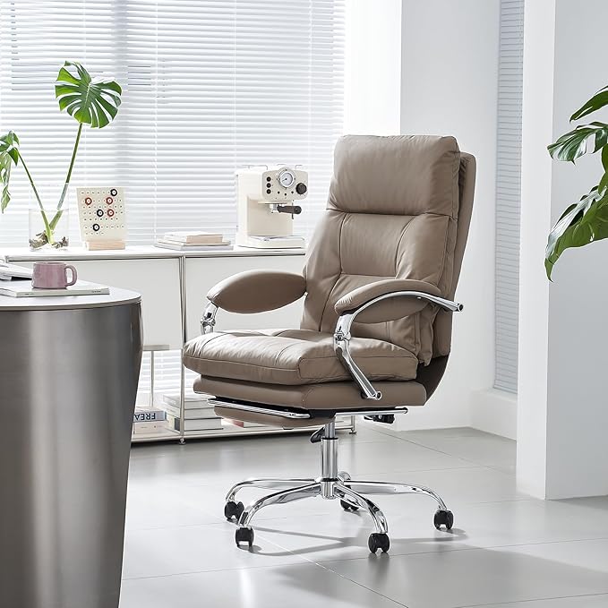 LEAGOO Office Chair with Foot Rest, Executive Reclining Office Chairs with Arms, Ergonomic High Back PU Leather Comfy Swivel Computer Desk Chairs with Wheels and Lumbar Support for Home Office, Tan