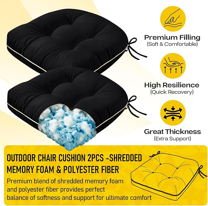 1 MIDDLE ONE Outdoor Chair Cushions Set of 2, Outdoor Cushions for Patio Furniture and Wicker Chair, Memory Foam Patio Seat Cushion Pads with Ties, 19 x 19 Inch (Black)