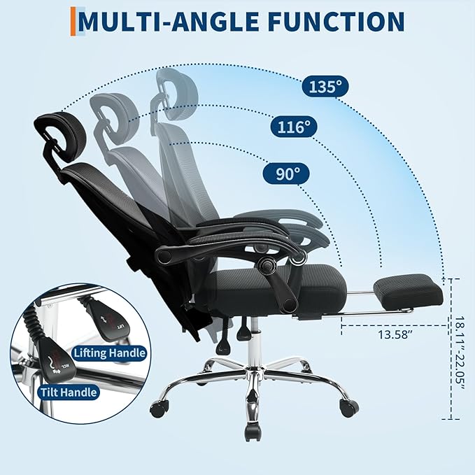 GarveeHome High Back Ergonomic Office Chair with Mesh Back, Retractable Footrest, Adjustable Headrest & Lumbar Support – Wide Computer Desk Chair with Wheels for Home Office or Bedroom, Black