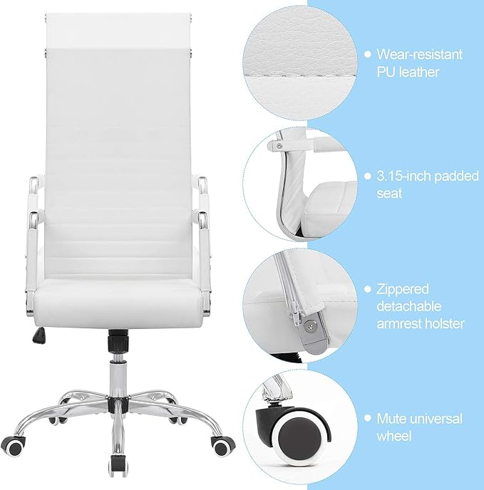Ribbed Office High Back PU Leather Desk Adjustable Swivel Task Computer Chair with Armrest for Conference Study Leisure, White,KM-0022