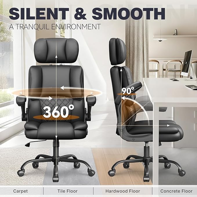 Executive Office Ergonomic Chair, Computer Chair with Adjustable Headrest,PU Leather Desk Chair,High-Back Swivel Task Chair for Home Office with Flip-Up Padded Armrests, 135°Reclining,Black