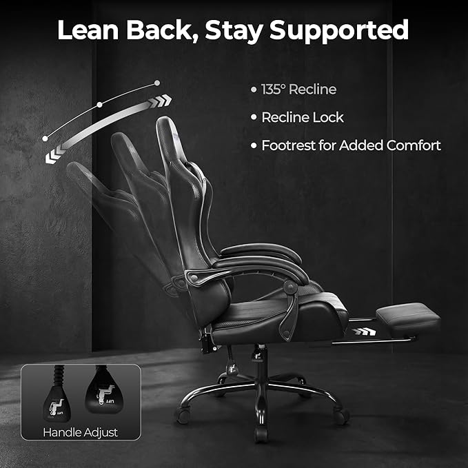 N-GEN GAMING Video Gaming Chair with Footrest Lumbar Support for Home Office High Back Recliner Height Adjustable Ergonomic Comfy Leather Computer Desk Chair (Carbon Black)