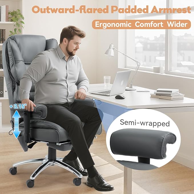 Massage Office Chair with Foot Rest, Ergonomic Executive Heated Office Chair with Reclining Backrest, Adjustable Arms and Lumbar Support, High Back Leather Desk Chairs for Home Office, Gray