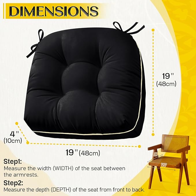1 MIDDLE ONE Outdoor Chair Cushions Set of 2, Outdoor Cushions for Patio Furniture and Wicker Chair, Memory Foam Patio Seat Cushion Pads with Ties, 19 x 19 Inch (Black)