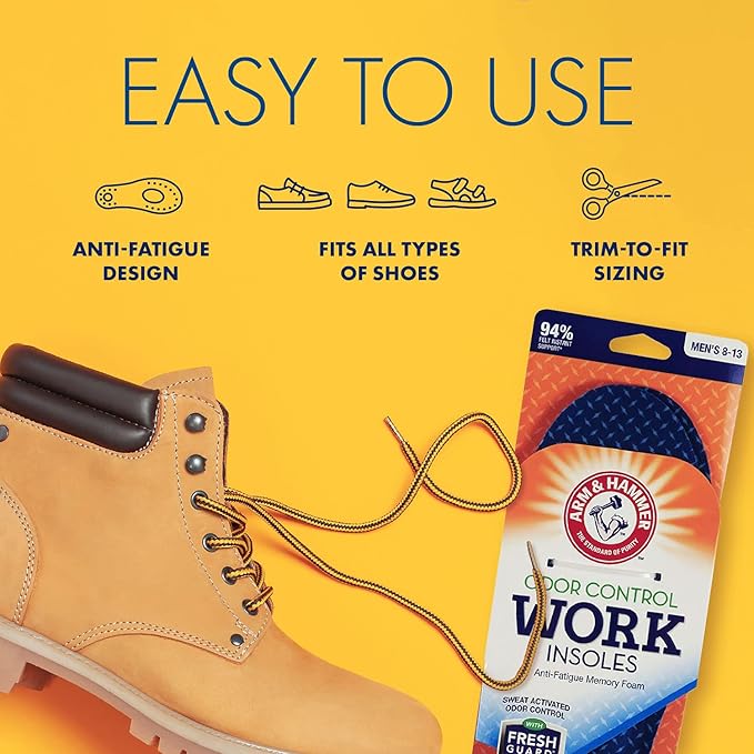 Arm & Hammer Work Insoles for Men and Women, Boot Inserts for Work Boots, Boot Insoles for Work, Work Boot Insoles for Men and Women, Pair of Anti-Fatigue Arch Support Memory Foam Insoles (3 Pack)