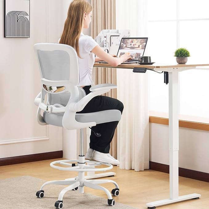 TRALT Drafting Chair - Tall Office Chair with Adjustable Footrest Ring and Lumbar Support Ergonomic Tall Desk Chair - Mesh Stangding Desk Chair with Flip-Up Armrests for Home and Work (Grey)
