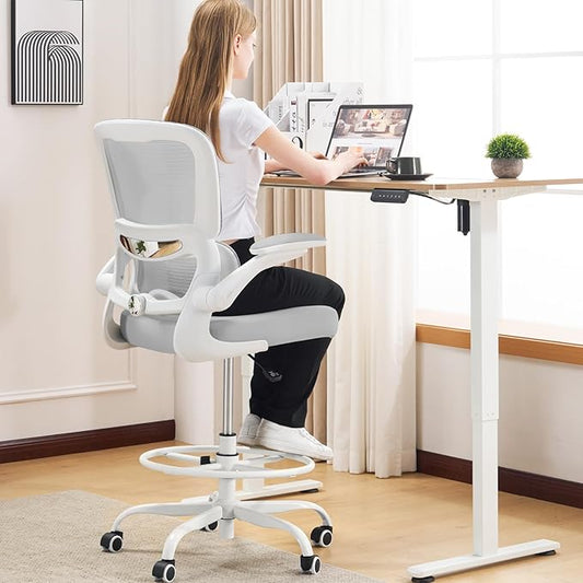 TRALT Drafting Chair - Tall Office Chair with Adjustable Footrest Ring and Lumbar Support Ergonomic Tall Desk Chair - Mesh Stangding Desk Chair with Flip-Up Armrests for Home and Work (Grey)
