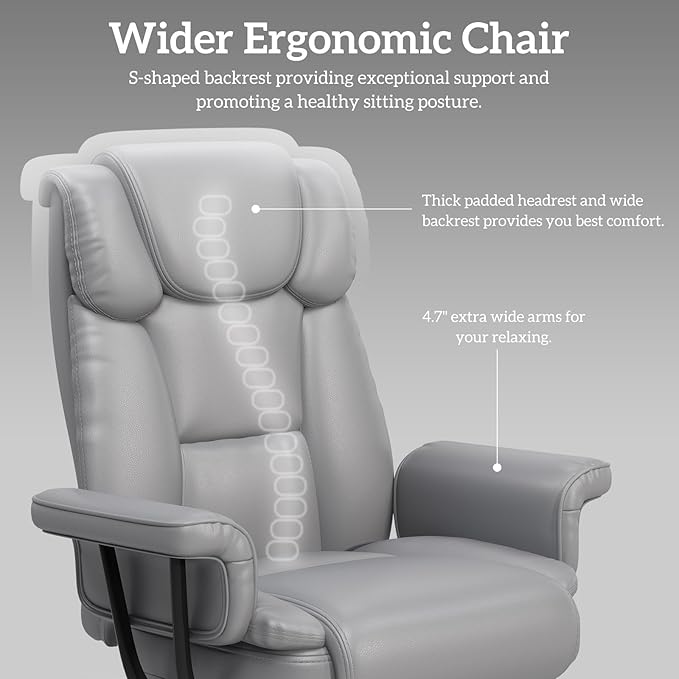 GYI 160 Reclining Office Chair with Footrest, Big and Tall High Back Ergonomic Computer Desk Chair with Cross Legged Seat, Arms, Wheels, Leather, Grey, 400 LBS Capacity