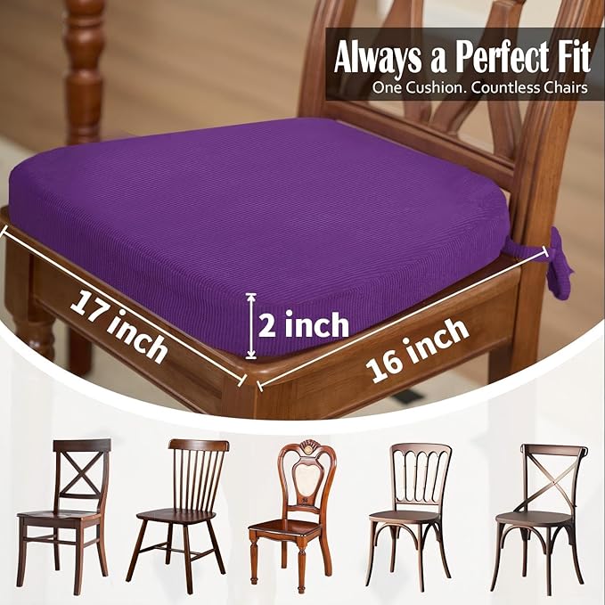 2'' Thick High-Density Foam Indoor Chair Cushions | Dining Chair Pads with Ties, Removable Washable Cover, Kitchen Chair Cushions 17"x16",Purple 2 Pack