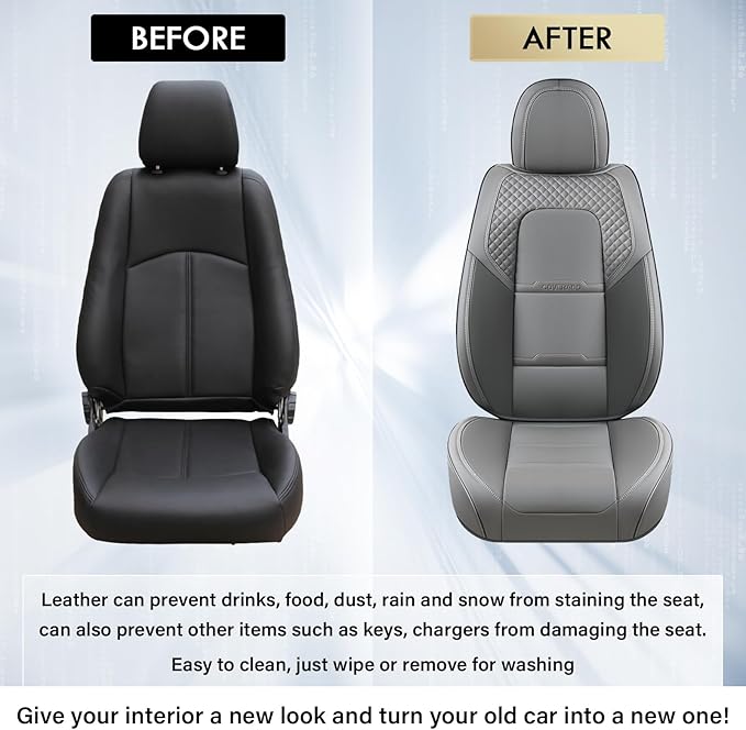 Coverado Car Seat Covers Front Seats, 2 Piece Car Seat Protector with Removable Headrest, Nappa Leather Breathable Front Seat Cushion Side All Wrapped Universal Fit Truck Automotive Most Cars Gray