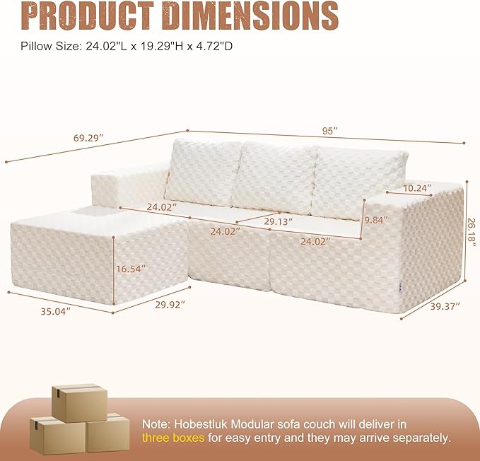 Hobestluk Modular Sectional Sofa Memory Foam Couch Oversized Sectional Sofa 3-Seater with Chaise Cloud Couch with Removable Cover L Shape Sofa for Living Room (Plush White, 3-Seater with Chaise)