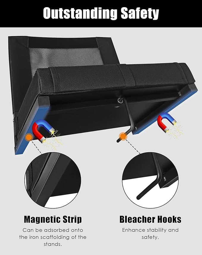 Stadium Seats for Bleachers with Back Support, Bleacher Chairs with Backs and Cushion Wide, Portable Folding Seats with Magnetic Bottom Strips, Includes Shoulder Strap - Black (1, Black)