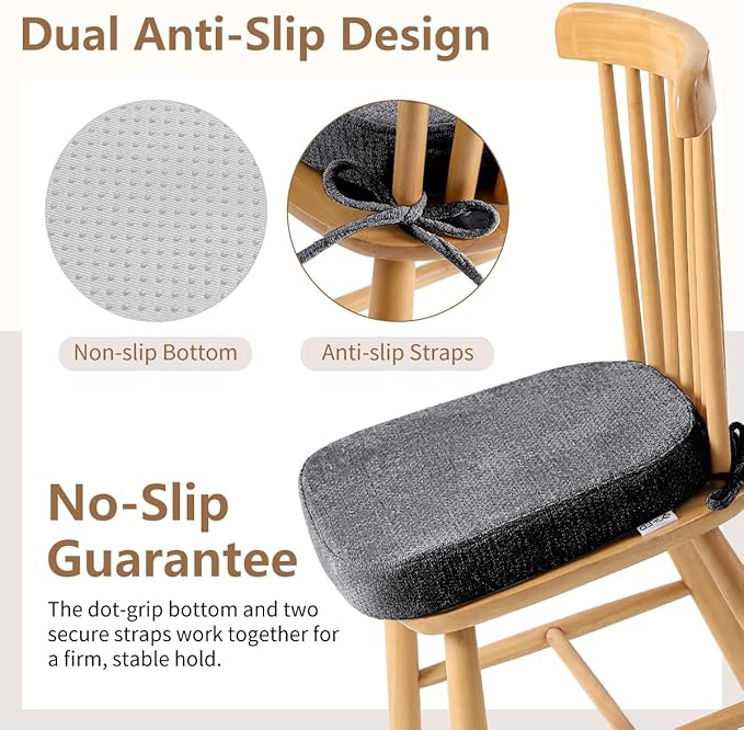 D-Shaped Chair Cushions for Dining Chairs, 2.5” Thick Chair Pads with Washable Comfortable Textured Cover, Non Slip Kitchen Chair Cushions with Ties, 16.5" x 16.5", 6 Pack, Dark Grey