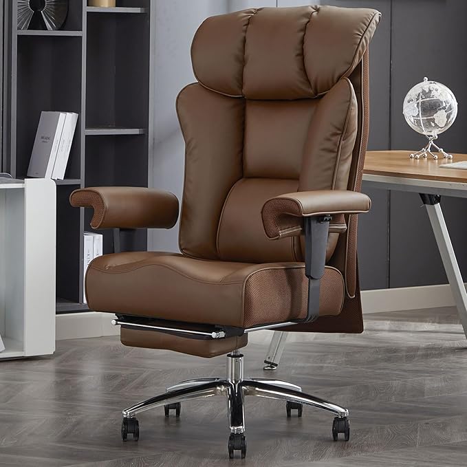 Efomao Big and Tall Office Chair with Footrest, 450lbs High Back Executive Chair with Spring Cushion, PU Leather Upholstery, Padded Armrests, Swivel Base, and Rolling Wheels – Brown Computer Chair