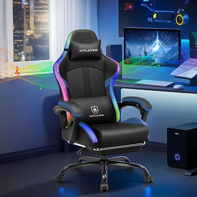 GTPLAYER Gaming Chair with Speakers, Computer Chair with RGB LED Lights, High Back Ergonomic Chair for Adults with Footrest, Reclining Office Chairs, Linkage Armrest, Black Blue