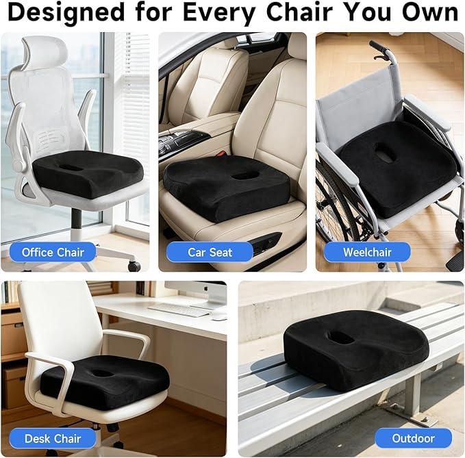 Donut Pillow Seat Cushion for Tailbone and Coccyx Comfort, Memory Foam Donut Cushion with Center Cutout, Large Medium-Firm Chair Cushion for Long Sitting, Office Chairs & Desk Chairs, Black