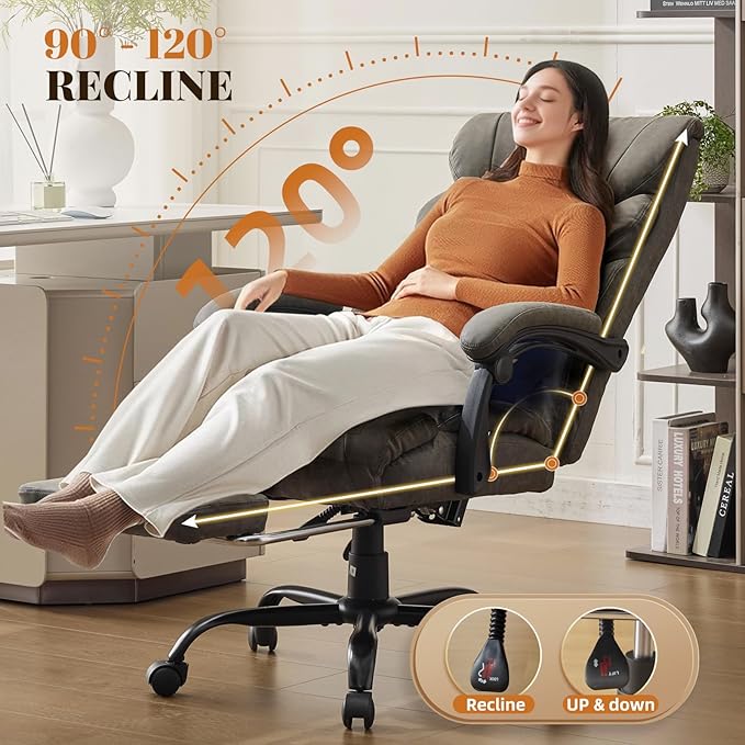 Garvee Comfortable Office Desk Chair 500 LBS, Big and Tall Office Chairs with Adjustable Flip-up Armrests,100-118°Recline Executive Leather Gaming Chair for Heavy People, Long Hours,Gray