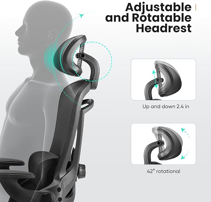 Sweetcrispy Executive Office Ergonomic Desk Chair, 300 LBS Home Mesh Chairs with Wheels, 2D Headrest, Up&Down Lumbar Support, Swivel High Back Computer Chair with Flip-up Armrests,Black