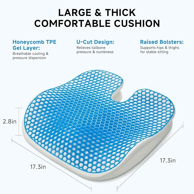 Seat Cushion for Office Chair - Cooling Honeycomb & Memory Foam 17.3" x 2.75" Tailbone Pain Relief Cushion, Ergonomic Desk Chair & Car Seat Cushion for Sciatica, Body Positioner