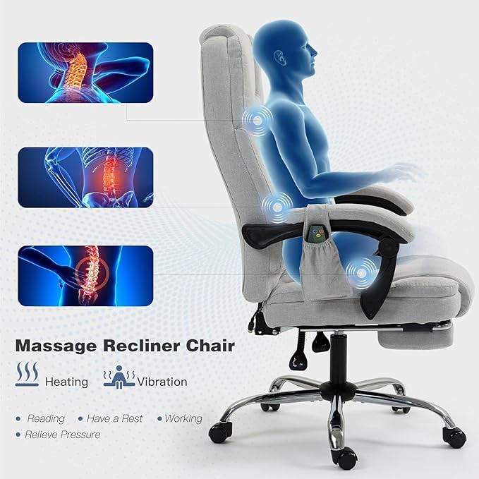 ECOTOUGE Massage Office Chair with Footrest, Ergonomic Adjustable Reclining Executive Heated Office Chair w/ 6 Vibration Points & Heat for Home Office, Light Grey