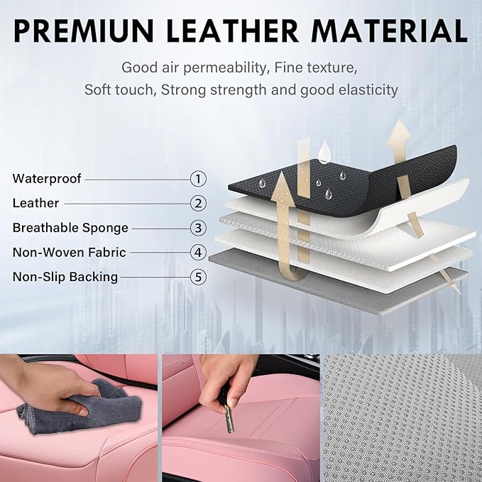 Coverado Car Seat Covers Front Seats, 2 Piece Car Seat Protector with Removable Headrest, Nappa Leather Breathable Seat Cushion Universal Fit for Truck Automotive Most of Cars Pink