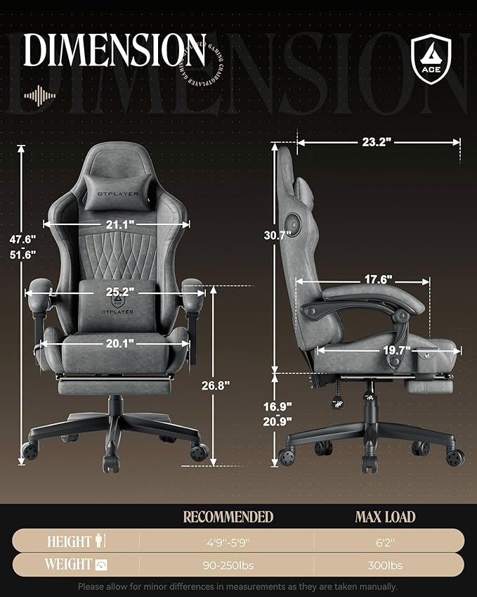 GTPLAYER Gaming Chair with Speakers, Video Game Chairs with Footrest, PC Gamer Chairs for Adults - Padded High Back Ergonomic Reclining Silla Gamer, Linkage Armrest, Ace Pro, Grey