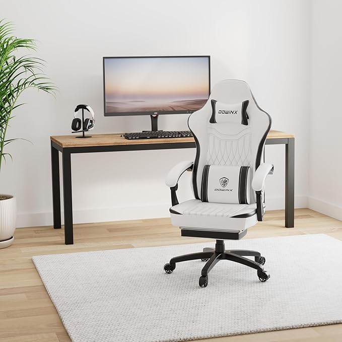 Dowinx Gaming Chair Breathable PU Leather Gamer Chair with Footrest Massage Lumbar Support, Big and Tall Ergonomic Reclining Computer Chair with Pocket Spring Cushion for Adults Teens (Black&White)
