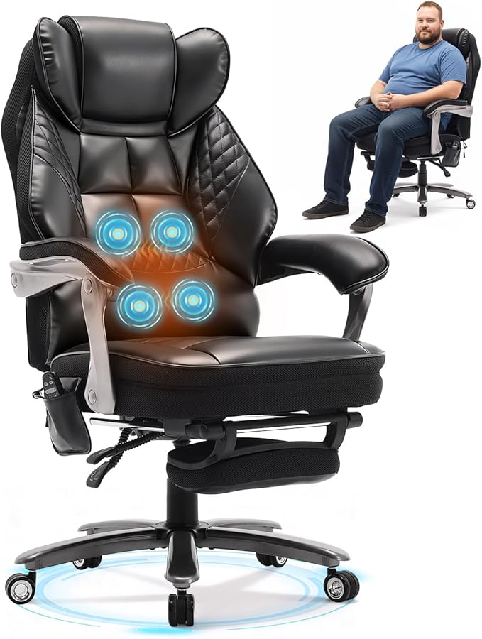 600LBS Big and Tall Office Chair with Massage and Heat, 23.5" Wide Leather Office Chair with Back Support, Ergonomic Comfort 140° Reclining Desk Chairs Managerial Chairs for Heavy People