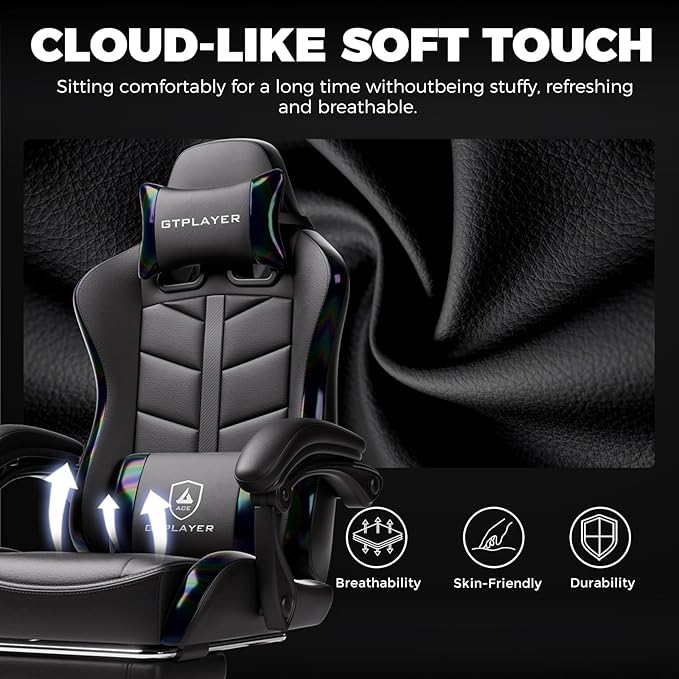 GTPLAYER Gaming Chair with Footrest, Computer Gaming Chair for Adults and Kids, Height Adjustable Gamer Chair with 90-155° Recline & Removable Headrest Lumbar Support,Colorful Black