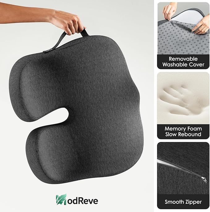 Car Seat Cushion, Memory Foam Cushion with Carry Handle for Drivers, Orthopedic Sciatica & Tailbone Pain Relief for Long Driving, Comfortable Back Support for Car, Truck & Travel - Charcoal