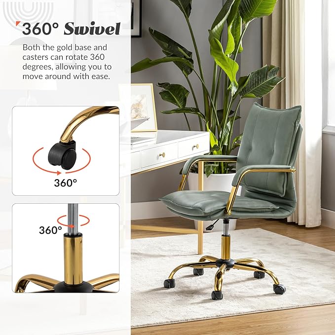 HULALA HOME Faux Leather Home Office Desk Chair, Adjustable Swivel Computer Chair with Golden Legs and Arms, Comfy Upholstered Task Chair, Sage