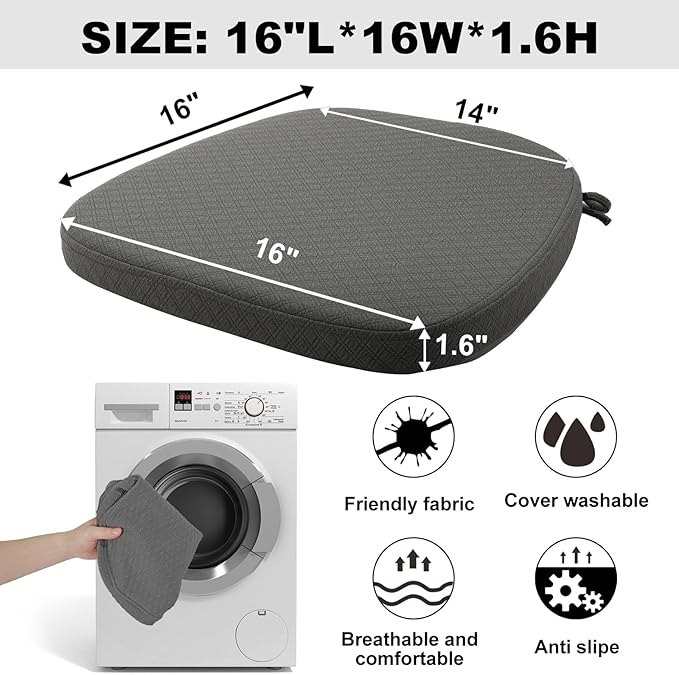 BUYUE Luxury 100% Pure Memory Foam Chair Cushion 1 Pack, Jacquard 16" U-Shape Comfortable Dining Chair Pad, Removable Slip Resistant Kitchen Chair Seat Cushion, (1 piece, Grey)