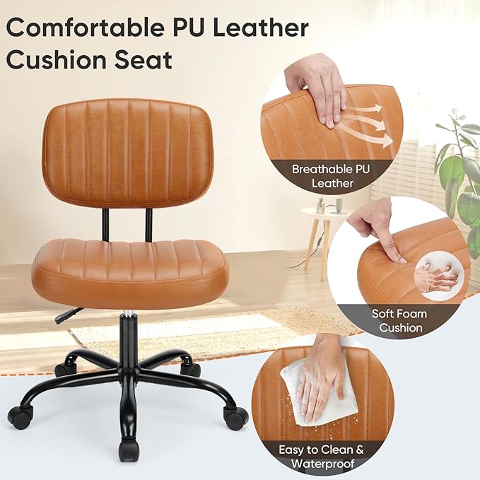 DUMOS Armless Small Home Office Desk Chair - Vanity Task Chair with Low Back, Height Adjustable PU Leather Swivel Computer Chair with 360° Rolling Wheels, Vanity, Bedroom, Deep Brown