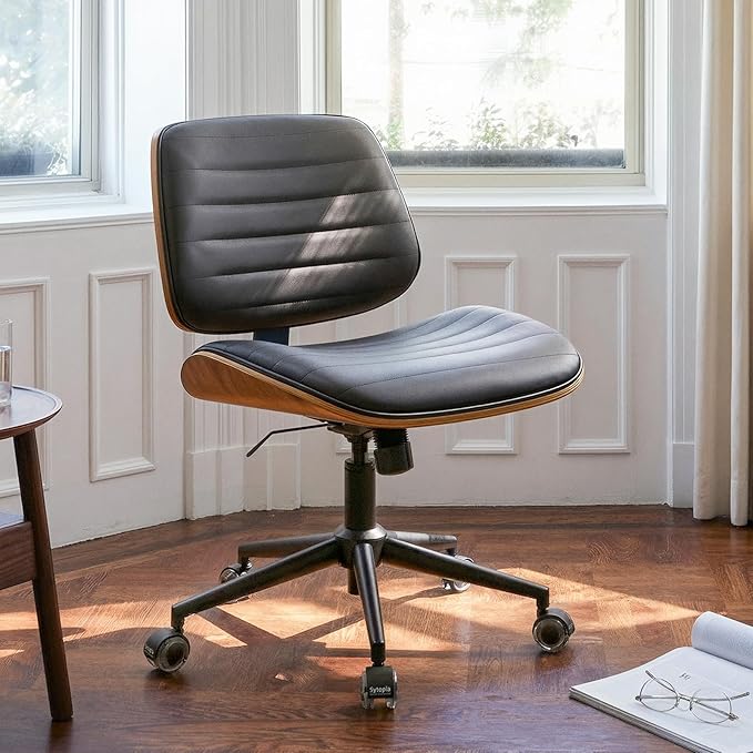 Sytopia Small Desk Chair for Home Office, Adjustable Height Swivel Armless Office Chair No Arms, Mid Century Modern Chair with Wheels, Walnut Wooden Sturdy Furniture, Easy Assembly, Vintage Black
