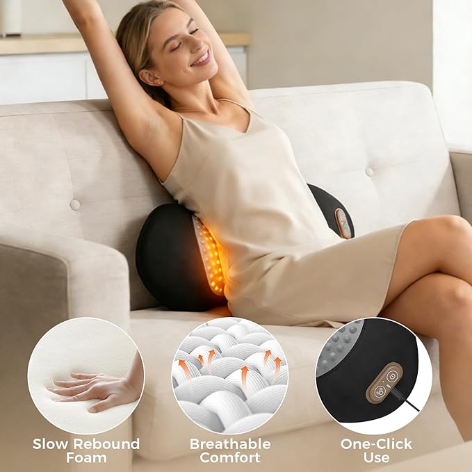 3-in-1 Electric Lumbar Support Pillow for Bed and Chair, Triple Fusion Back Massager with Heat, Vibration & Traction, Designed for Lower Back Comfort and Spine Support