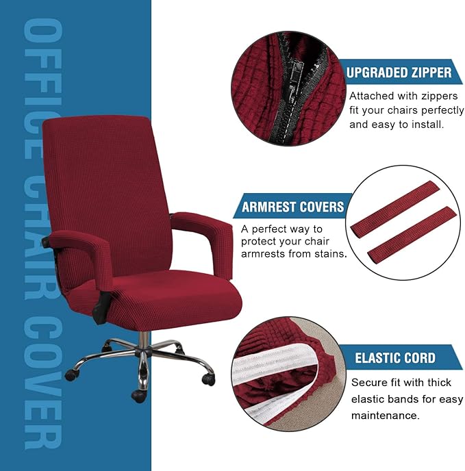 H.VERSAILTEX Stretch Computer Office Chair Cover Washable Removable Spandex Rotating Boss Chair Slipcovers Anti-dust Soft Desk Chair Seat Protector for Dogs Cats Pets,Burgundy Red - Large