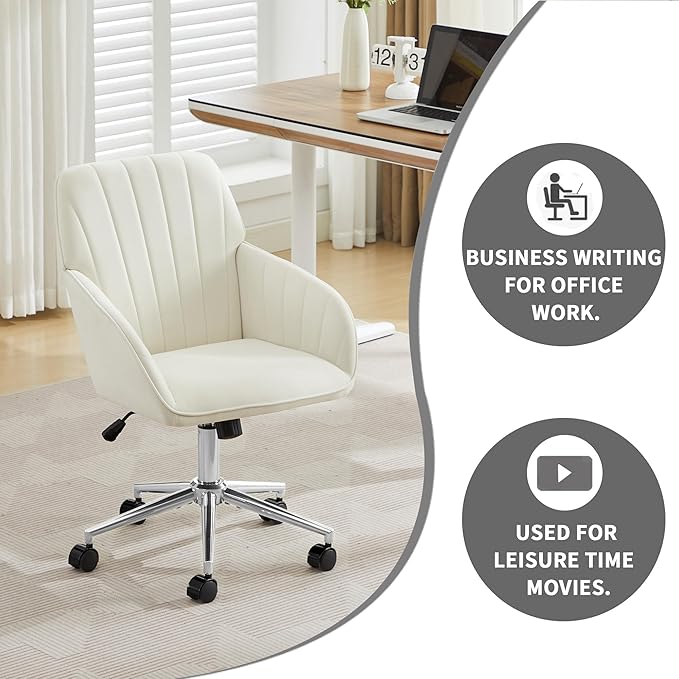 Velvet Home Office Desk Chair, Modern Cute Computer Task Chair with Back, Height Adjustable Upholstered Vanity Chair with Swivel Wheels for Women, Girls (Silver Base, Cream
