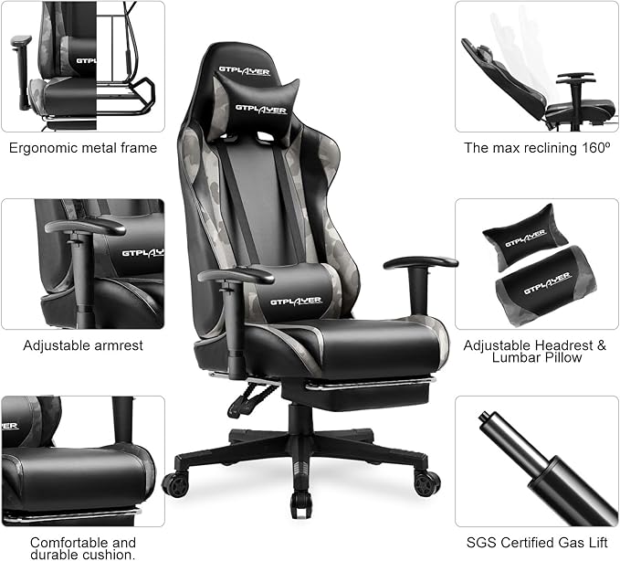 GTPLAYER Gaming Chair with Footrest, Ergonomic Computer Game Desk Chair, Reclining Game Chair Seat Height Adjustment, Swivel Rocker with Headrest and Lumbar (Camouflage)