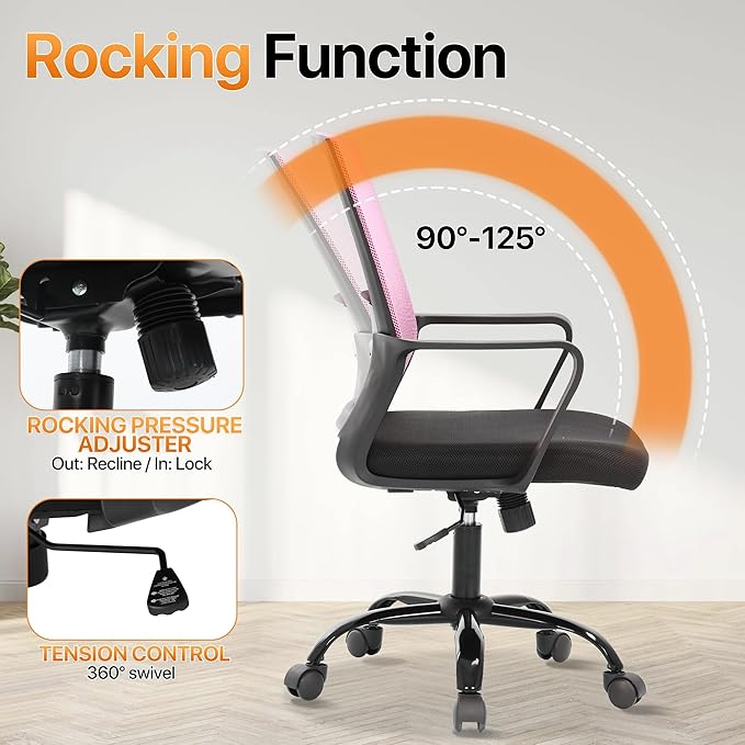 Ergonomic Office Chair, Comfortable Home Desk Chair, Breathable Mesh Back Computer Chair and Lumbar Support, Adjustable Height, Sponge Seat, Pink