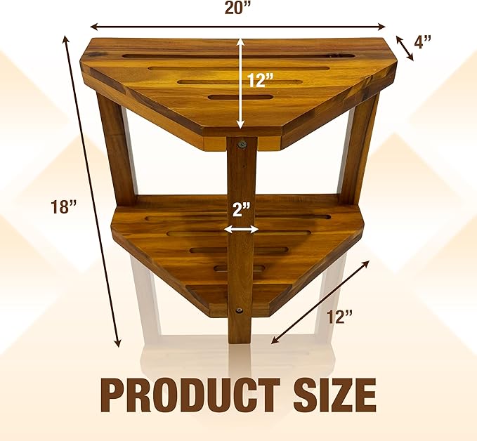 20" Corner Shower Stool for Inside Shower, Acacia Wood Shower Foot Rest for Shaving Legs with Storage Shelf, Waterproof Wooden Shower Bench Seat