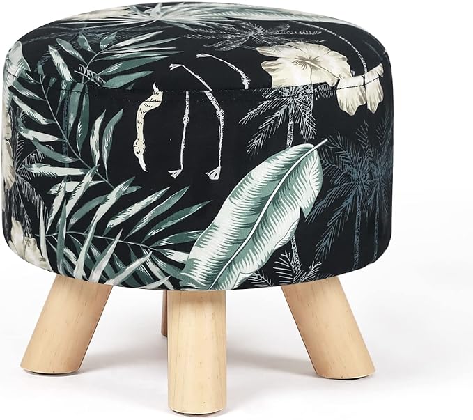 Homebeez Round Ottoman Stool Velvet Foot Rest, Small Footstool with Non-Skid Legs (Blue Flower)