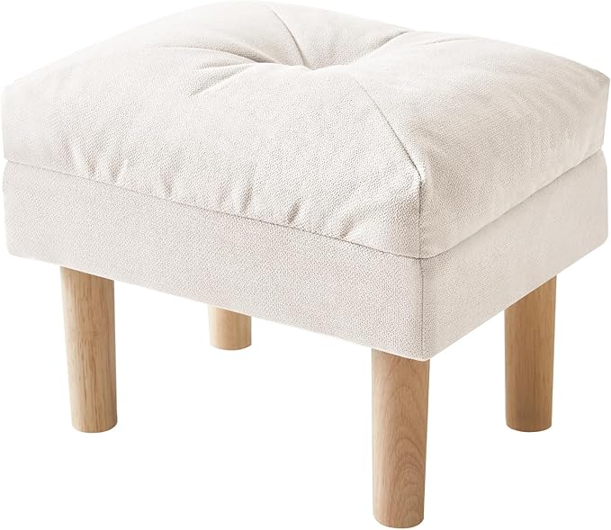 YMYNY 15.75" Small Foot Stool Ottoman, Footrest with Sponge Soft Padded Seat, Cotton-Linen Blend Fabric Footstool for Sofa, Bedroom, Living Room, Entryway, Solid Wood Legs, Beige, UHBD023M