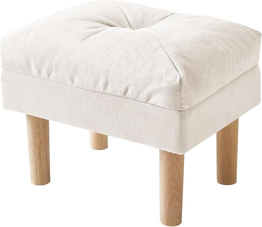YMYNY 15.75" Small Foot Stool Ottoman, Footrest with Sponge Soft Padded Seat, Cotton-Linen Blend Fabric Footstool for Sofa, Bedroom, Living Room, Entryway, Solid Wood Legs, Beige, UHBD023M