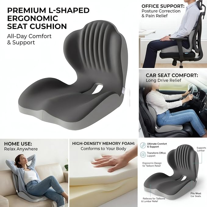 Ergonomic L-Shaped Memory Foam Seat Cushion for Car and Office Chair, Coccyx Support Cushion for Back and Hip Pain Relief, Universal Cushion for Car Seat, Wheelchair, Gaming Chair, Gray