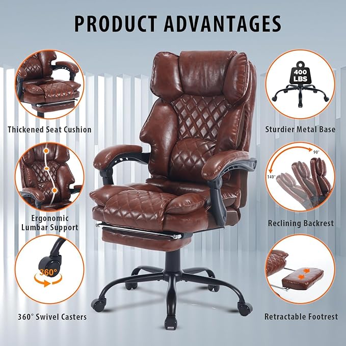 Big Tall Reclining Executive Office Chair with Footrest, 400lbs Ergonomic Recliner Desk Chairs with Lumbar Support, Heavy Duty High Back Vintage Leather Computer Chair with Wheels, Brown