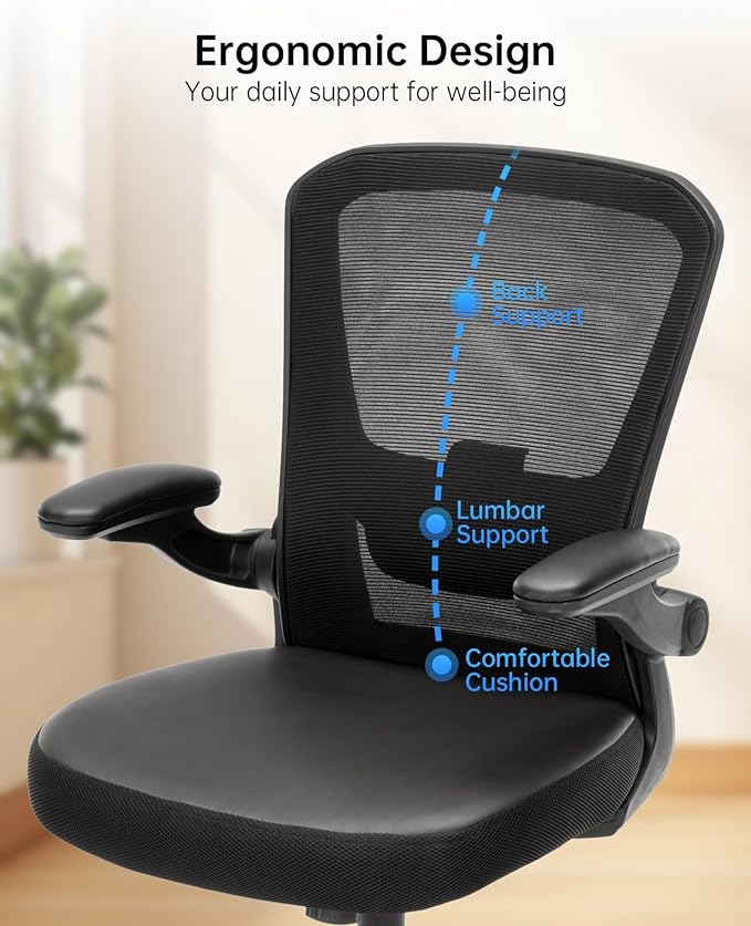 Ergonomic Office Chair Adjustable PU Leather Computer Chair with Lumbar Support,Flip-Up Arms, Breathable Mesh Back, Swivel Rolling Executive Desk Chair for Home Office, Black