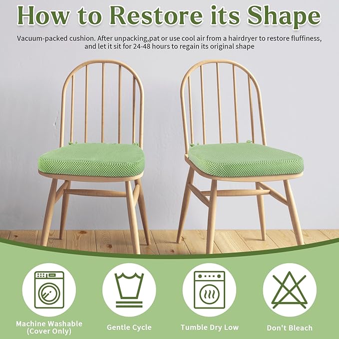 Green Chair Cushions with Ties Removable Covers, D Shape Foam Dining Kitchen Chair Seat Pads Non Slip 17"x16" Set of 4