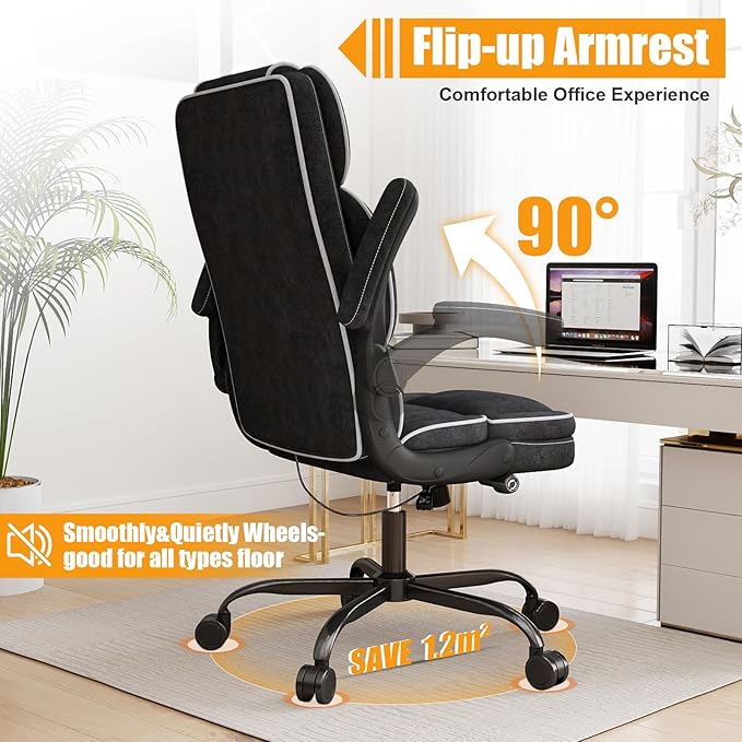 Big and Tall Office Chair with Adjustable Lumbar Support,Breathable Fabric High Back Desk Computer Chair with Adjustable Flip-up Armrests,Ergonomic Swivel PC Chair with Rocking Function