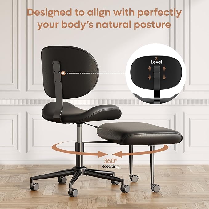 Pinmoco Cross-Legged Office Chair with Footrest, PU Leather Armless Desk Chair, Wide Padded Seat for Cross Leg Sitting, Adjustable Height & Swivel, Modern Home Office Chair, Black